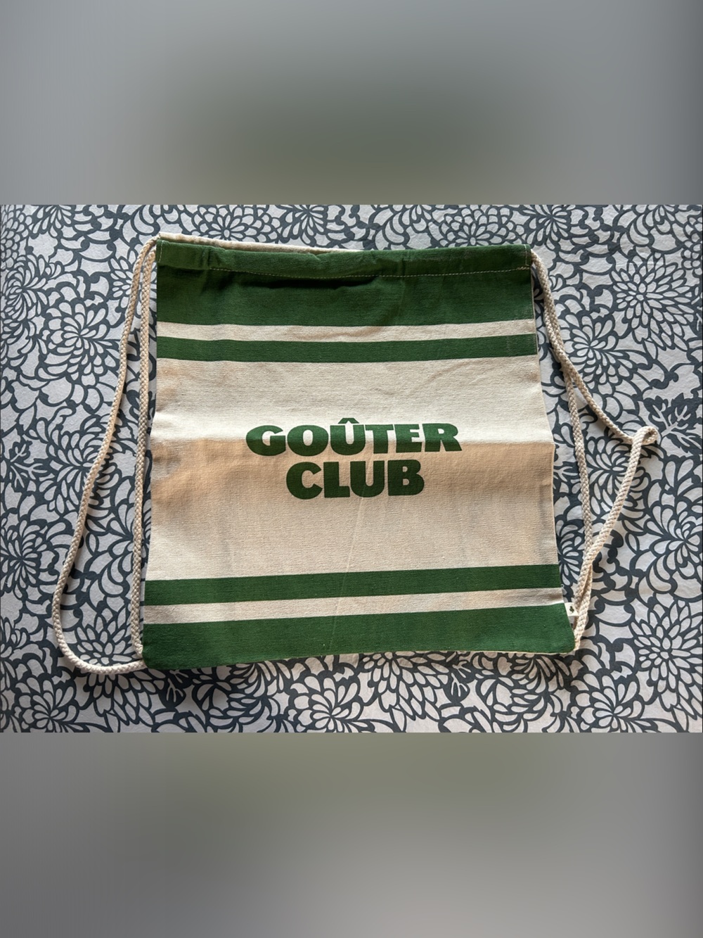 Petit Sézane Goûter Club Green and Cream Canvas Drawstring Bag